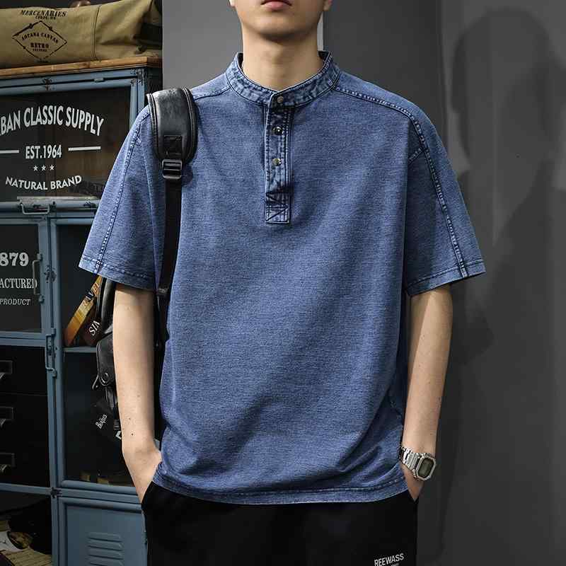 メンズ ファッション 服 男性用 オシャレ シンプル 大人 かっこいい ストリート  テリー ニット レトロ デニム ポロシャツ 夏 ゆったり スタンドカラー 半袖 T