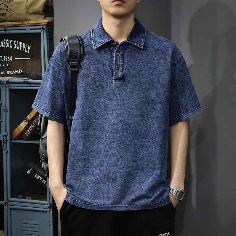メンズ ファッション 服 男性用 オシャレ シンプル 大人 かっこいい ストリート アメリカン デニム 半袖 ポロシャツ 夏 薄手 レトロ ウォッシュ加工 ゆったり 快適 T