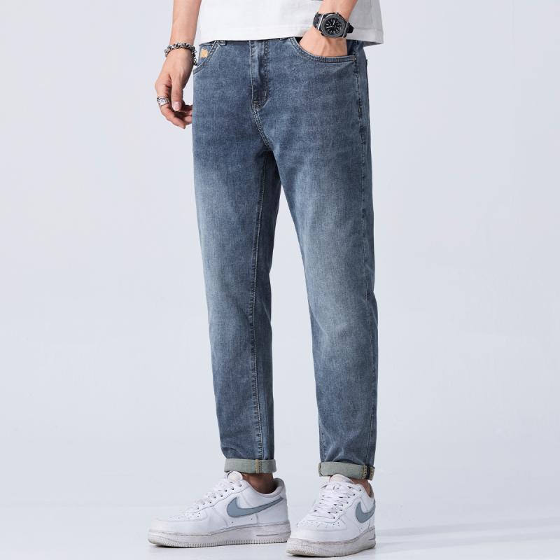 メンズ 流行り物 服 成人男性用 オシャレ 分かりやすい 成年者 かっこいい 馬鹿でかい大きさ 表どおり 成人男性服 デニム 夏 心地好い 裾細 か細い ズボン下 ホンブルグ帽 快 ウォッシュ 青み 九分丈