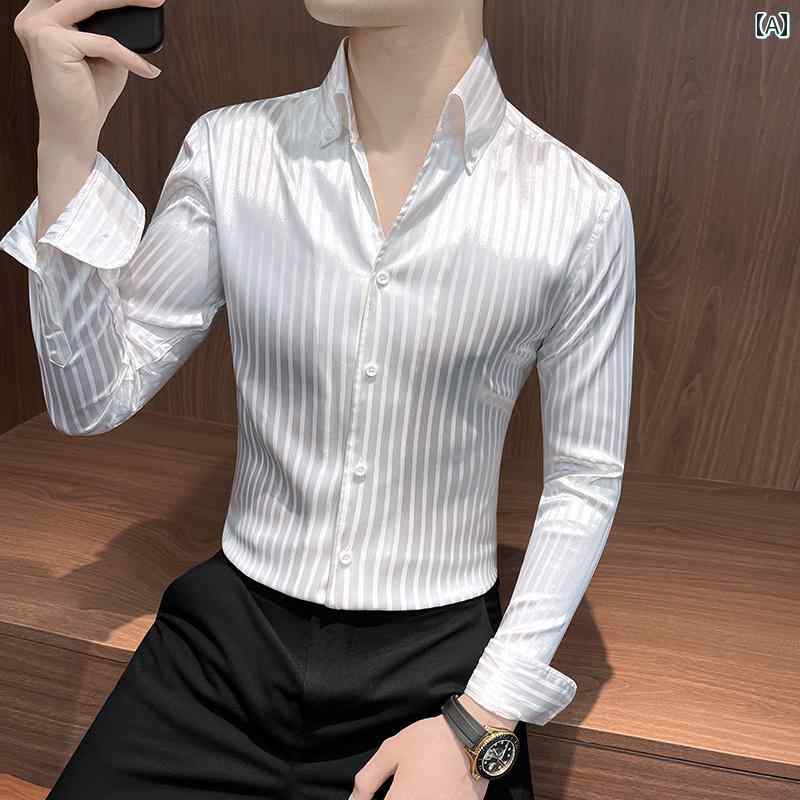 メンズ ファッション 服 男性用 オシャレ シンプル 大人 かっこいい ストリート 長袖 ストライプ シャツ クール れ 筋 ビジネスス ネック シャツ