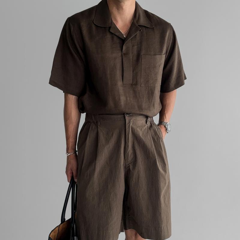 メンズ ファッション 服 男性用 オシャレ シンプル 大人 かっこいい ストリート ブラウン リネン 半袖 シャツ 夏 薄手 カジュアル スタイル コットンリネン ゆったり トップス