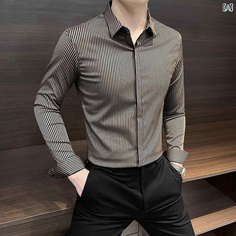 メンズ ファッション 服 男性用 オシャレ シンプル 大人 かっこいい ストリート 長袖 ストライプ シャツ 紳 服 服 ビジネスボタン シャツ 男性用
