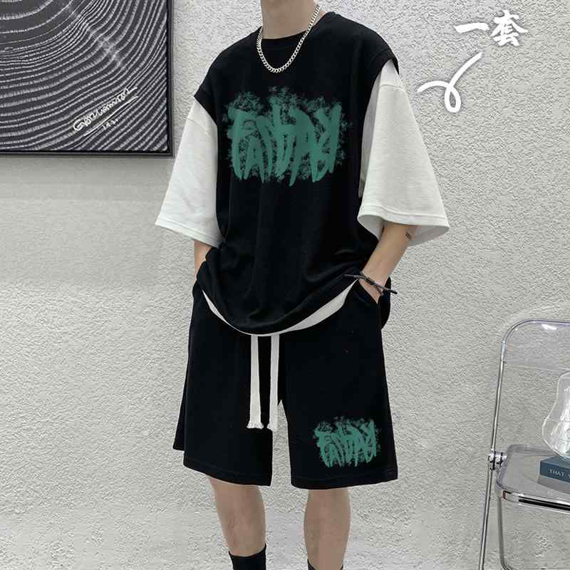 メンズ ファッション 服 オシャレ シンプル 大人 かっこいい 大きいサイズ ストリート 紳士服 半袖 薄手 通気性 パンツ ツーピース 夏 フェイク ワッフル スーツ