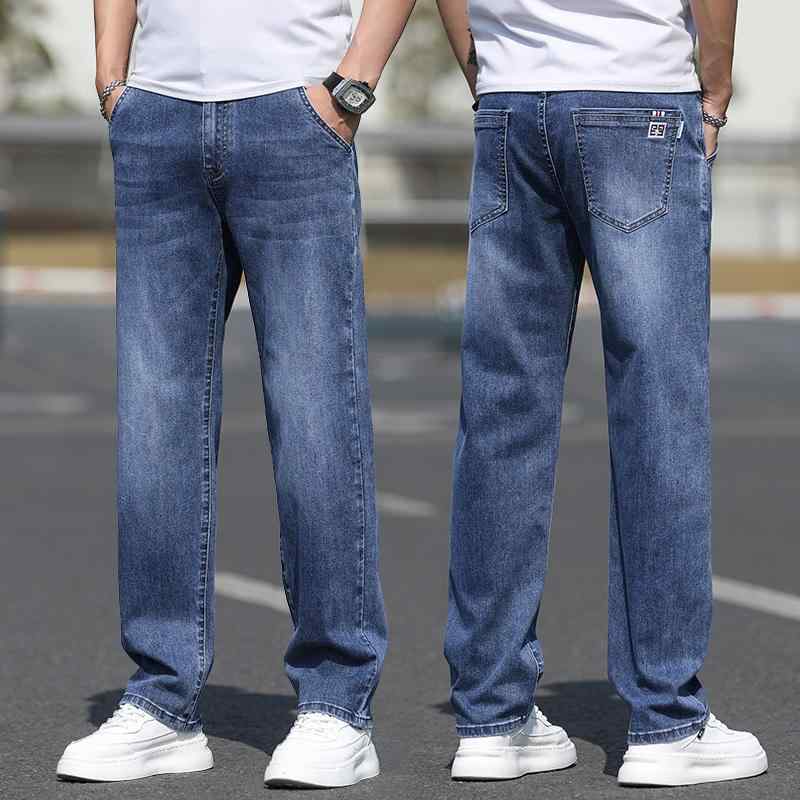 メンズ 流行り物 服 オシャレ 分かりやすい 成年者 かっこいい 途轍も無い大いさ 表どおり 成人男性服 ハイエンド 青色 デニム 夏 薄っぺら ゆったり 広広とした レッグ 伸ばすこと 引っ切りない 心地好い ロング ズボン下 メンズファッション-ズボン・パンツ
