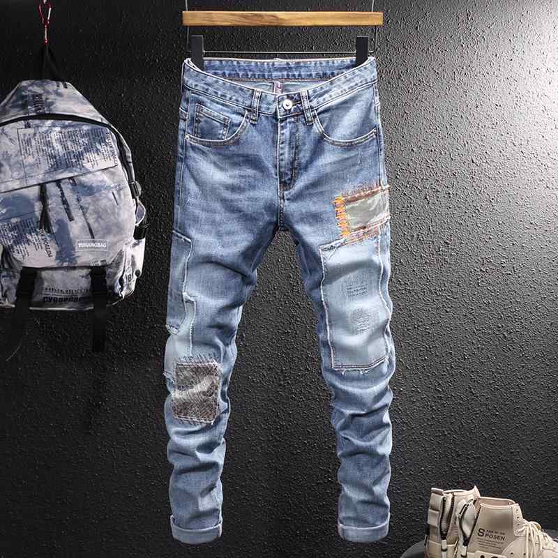 メンズ 流行り物 服  オシャレ 分かりやすい 成年者 かっこいい 気が大きい大きさ 表どおり 成人男性服  アメリカン ファンシー パッチワーク デニム 春 点火装置 青色 流行り物 か細い フート