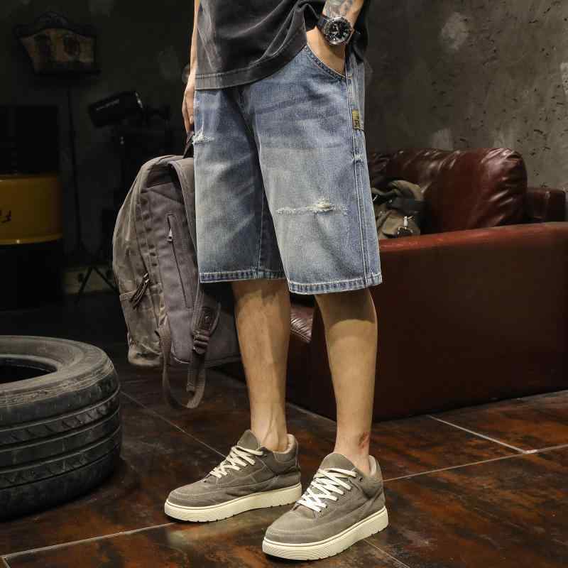 メンズ ファッション 服 オシャレ シンプル 大人 かっこいい 大きいサイズ ストリート 紳士服 アメリカン ストリート リップド デニム パンツ ヘビーウェイト ウォッシュ レトロ ストレート レッグ ハーフ パンツ｜リコット