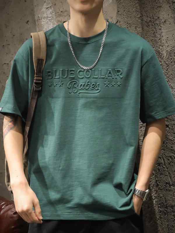 メンズ ファッション 服 オシャレ シンプル 大人 かっこいい 大きいサイズ ストリート 紳士服 ダーク グリーン レトロ 綿 T シャツ 半袖 ゆったり 夏 アメリカン ヘビー レター ジャスト プリント