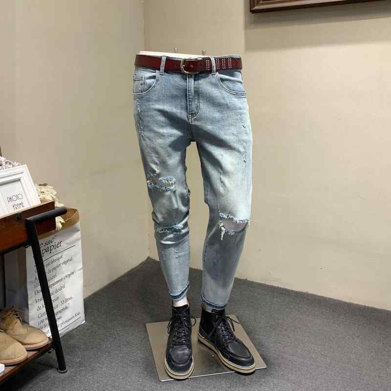 メンズ 流行り物 服  オシャレ 分かりやすい 大 かっこいい 気が大きい大きさ 表どおり 成人男性服 夏 ジーンズ 九分丈 ズボン下 韓国 表現スタイル か細い填まる リッピング ウォッシュ 伸ばすこと ズボン下