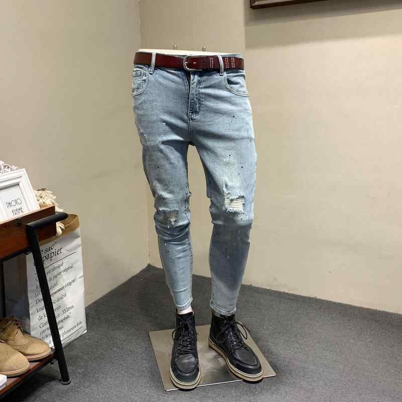 メンズ 流行り物 服  オシャレ 分かりやすい 大 かっこいい 気が大きい大きさ 表どおり 成人男性服 夏 リップド デニム 韓国 表現スタイル か細い填まる ズボン下 九分丈 伸縮性 伸ばすこと 伸ばすこと