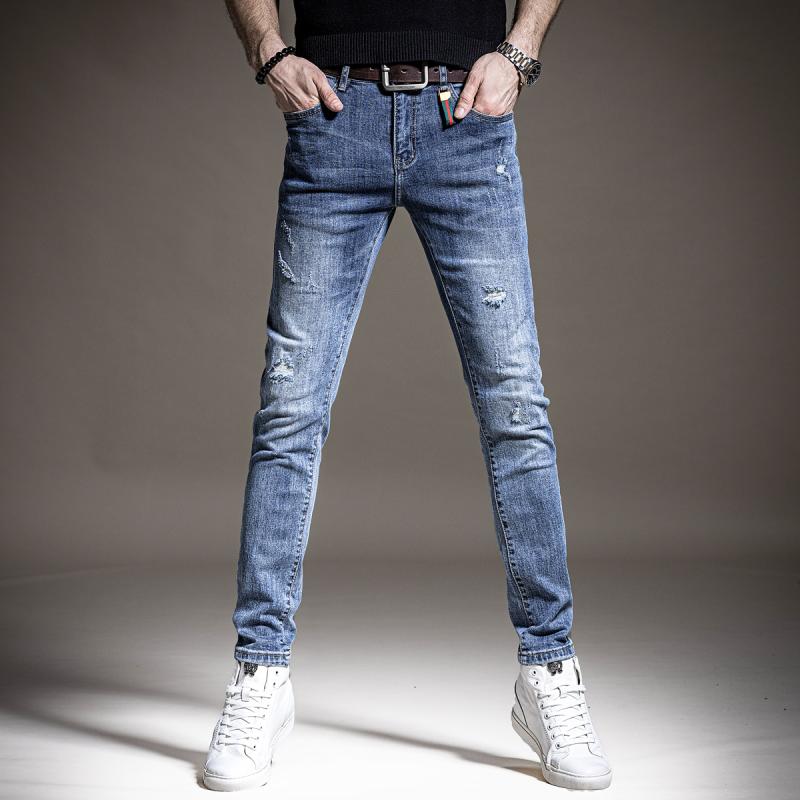 メンズ 流行り物 服  オシャレ 分かりやすい 大 かっこいい 気が大きい大きさ 表どおり 成人男性服  ハイエンド 青色 リップド デニム か細い填まる 年月 伸縮性 伸ばすこと 伸ばすこと 心地よい ズボン下