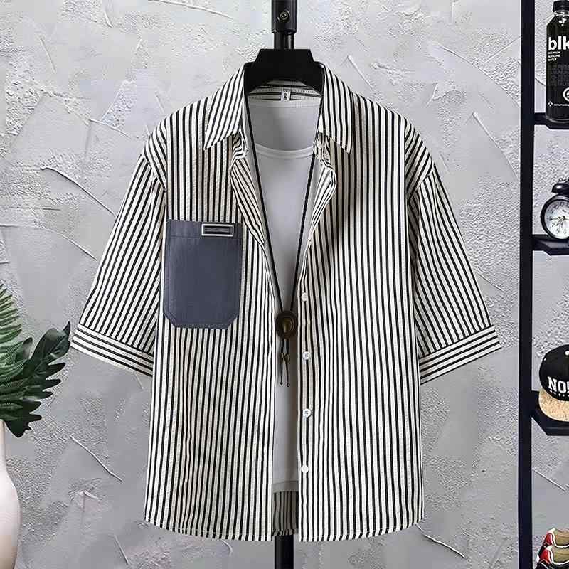 メンズ ファッション 服 オシャレ シンプル 大人 かっこいい 大きいサイズ ストリート 紳士服 夏 薄手 七分袖 半袖 ストライプ シャツ ファッション ジャケット カジュアル シャツ