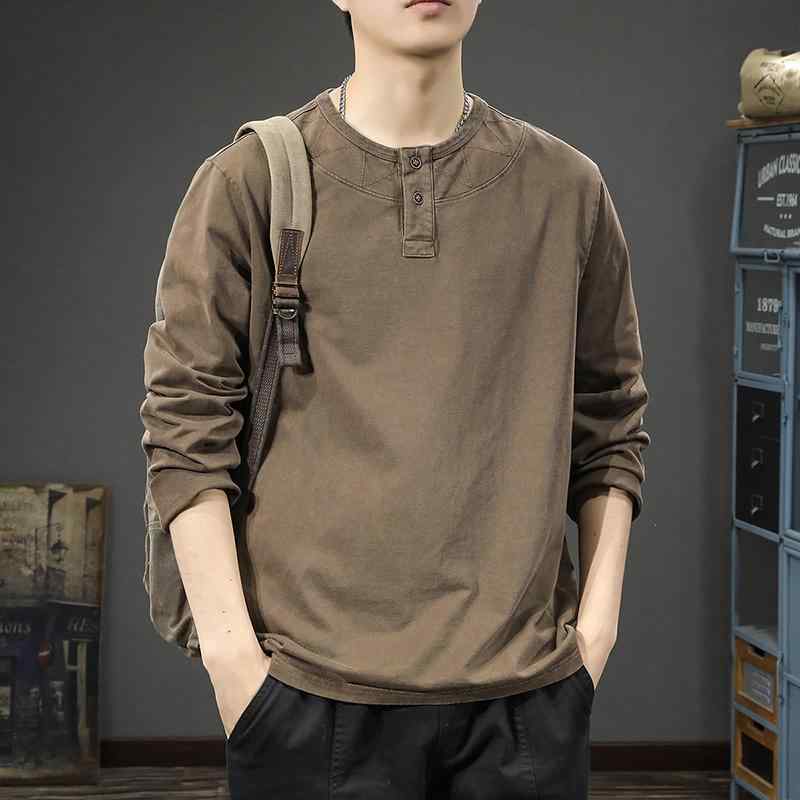 メンズ ファッション 服  オシャレ シンプル 大人 かっこいい 大きいサイズ ストリート 紳士服 秋 ハイエンド 長袖 T シャツ ヘビー コットン シャツ アメリカン ヘンリー カラー スウェット シャツ