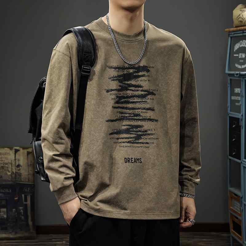 メンズ ファッション 服 オシャレ シンプル 大人 かっこいい 大きいサイズ ストリート 紳士服 アメリカン ストリート グラフィティ プリント 長袖 T シャツ レトロ ウォッシュ 秋 ヘビースウェット