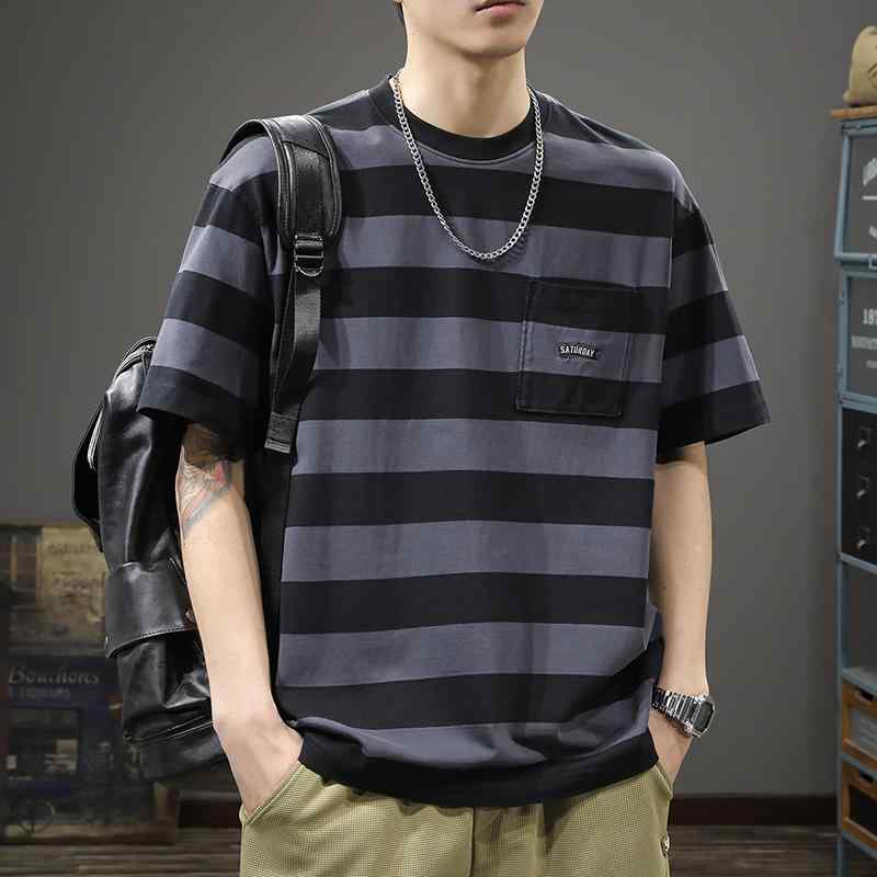メンズ 流行り物 服  オシャレ 分かりやすい 成年者 かっこいい 途轍も無い大きさ 表どおり 成人男性服 夏 朦々たる 綿 半袖 T プルオーバー ラウンドのど頚 アメリカン 縞模様