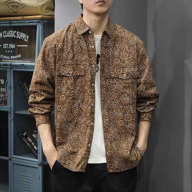 メンズ ファッション 服 オシャレ シンプル 大人 かっこいい 大きいサイズ ストリート 紳士服 クラシック アメリカン レトロ コットン ワーク シャツ カシュー フラワー 長袖 秋 カジュアル ジャケット