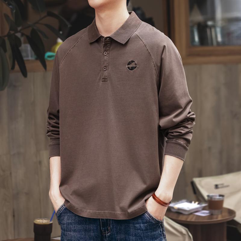 メンズ ファッション 服 オシャレ シンプル 大人 かっこいい 大きいサイズ ストリート 紳士服 ハイエンド レトロ 綿 長袖 ポロ シャツ 秋 T シャツ ウォッシュ