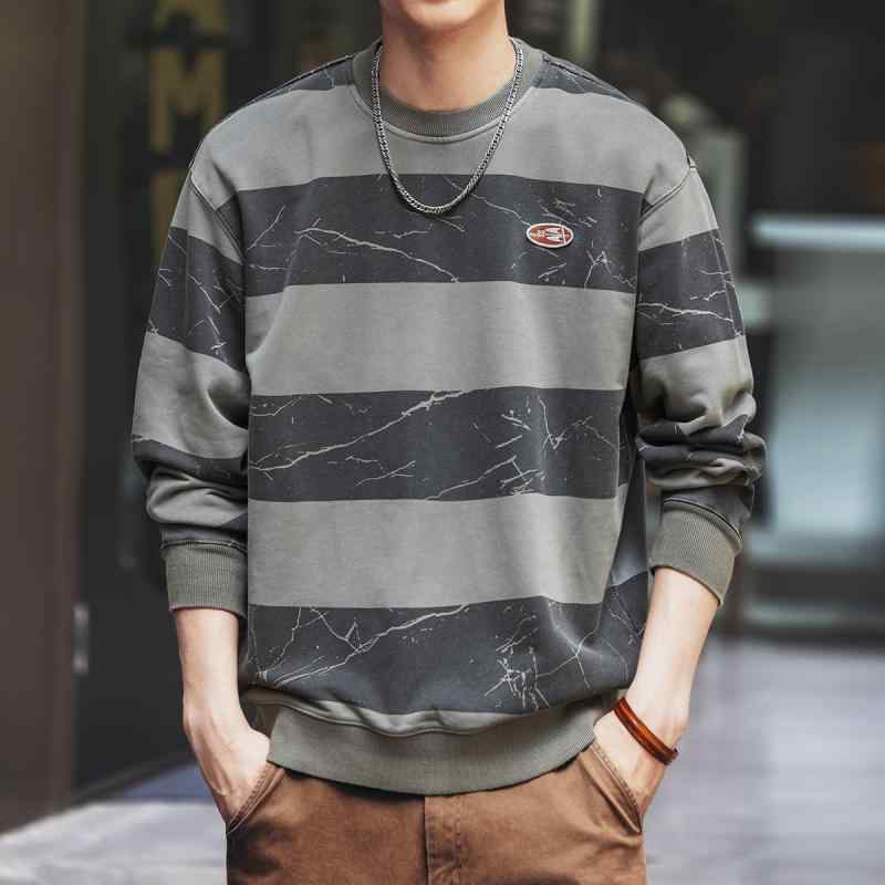 メンズ 流行り物 服  オシャレ 分かりやすい 成年者 かっこいい 途轍も無い大きさ 表どおり 成人男性服  アメリカン 縞模様 ラウンドのど頚 流汗 プルオーバー 秋 ウォッシュ 上衣 プルオーバー