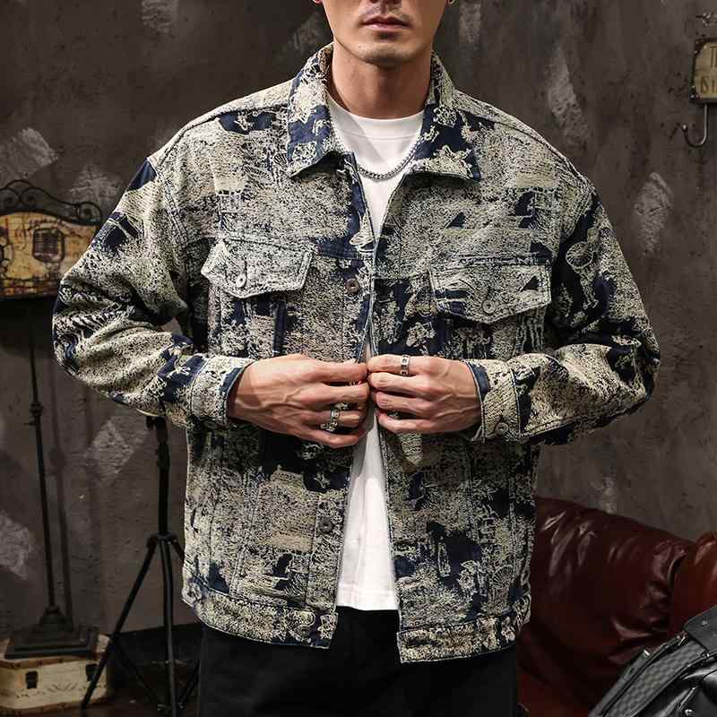 メンズ ファッション 服 オシャレ シンプル 大人 かっこいい 大きいサイズ ストリート 紳士服 ジャカード 生地 アメリカン レトロ デニム シャツ ジャケット 春秋 ワークジャケット コート｜リコット