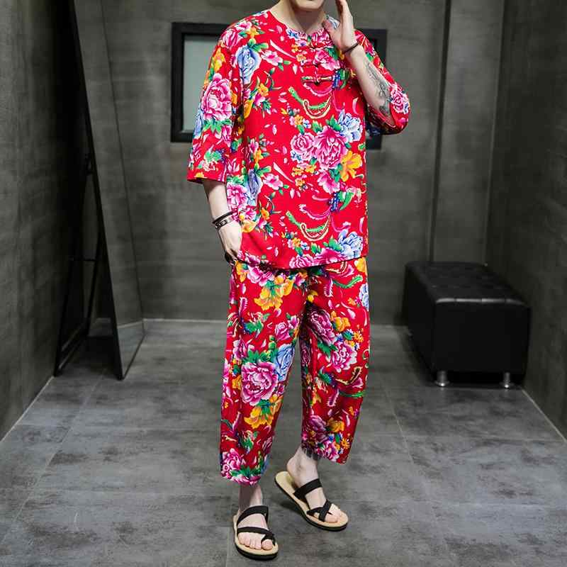 メンズ 流行り物 服  オシャレ 分かりやすい 成年者 かっこいい 気が大きい大きさ 表どおり 成人男性服  花柄 リネン 背広 半袖 唐 夏 薄っぺら 綿 刷り上げる T プルオーバー 仕掛ける