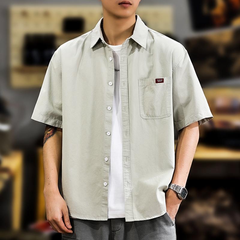 メンズ ファッション 服 オシャレ シンプル 大人 かっこいい 大きいサイズ ストリート 紳士服 レトロ 厚手 ウォッシュド コットン 半袖 シャツ 夏 無地 ジャケット