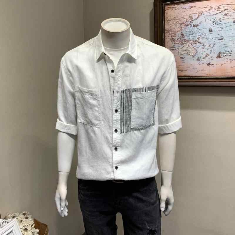 メンズ 流行り物 服  オシャレ 分かりやすい 成年者 かっこいい 気が大きい大きさ 表どおり 成人男性服 夏 七分袖 プルオーバー 色合い 差しつかえる リネン 交ぜあわせる 通気性 二分の一 捩り 心地よい