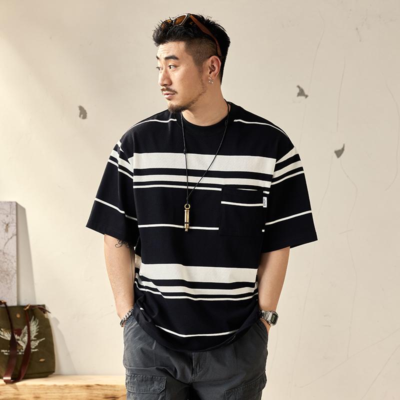 メンズ ファッション 服 オシャレ シンプル 大人 かっこいい 大きいサイズ ストリート 紳士服 ストライプ 半袖 T シャツ 夏 綿 ヘビー
