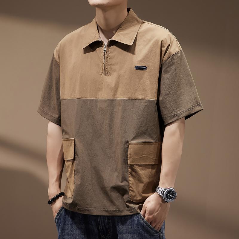 メンズ ファッション 服 オシャレ シンプル 大人 かっこいい 大きいサイズ ストリート 紳士服 ハイエンド アメリカン 速乾 ハーフ ジップポロ シャツ カラー 夏 レトロ ワークウェア ゆったり 半袖 シャツ