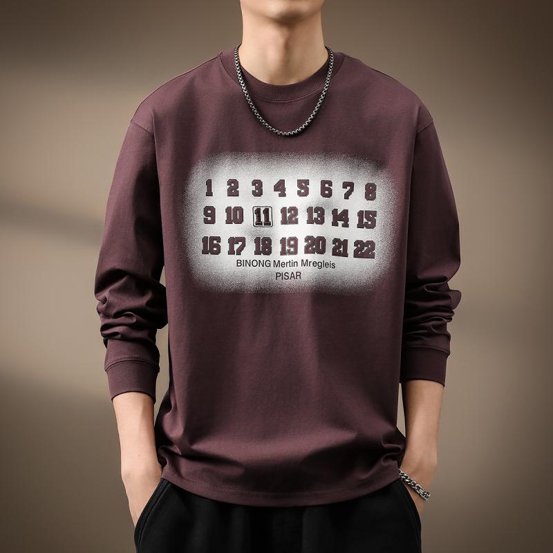 メンズ ファッション 服 オシャレ シンプル 大人 かっこいい 大きいサイズ ストリート 紳士服 ハイエンド 紫 長袖 T シャツ 秋 アメリカン ラウンドネック プリント レイヤリング
