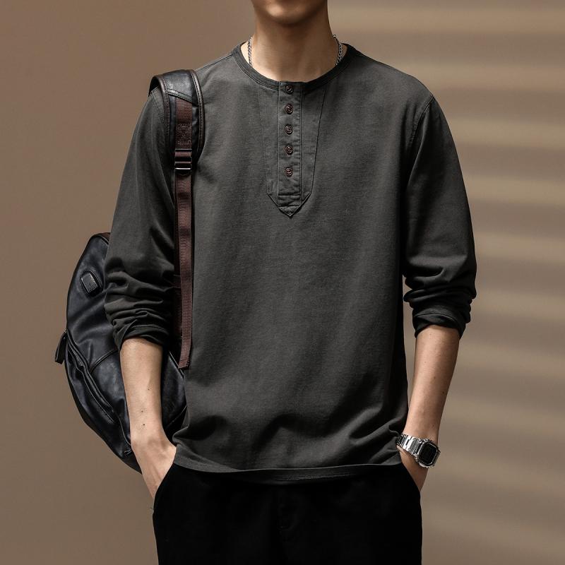 メンズ 流行り物 服  オシャレ 分かりやすい 成年者 かっこいい 馬鹿でかい大きさ 表どおり 成人男性服  ハイエンド 手ごわい ヘンリー 色つや アメリカン レトロ 長袖 T プルオーバー 烏兎 綿 座標軸輪っか トップス