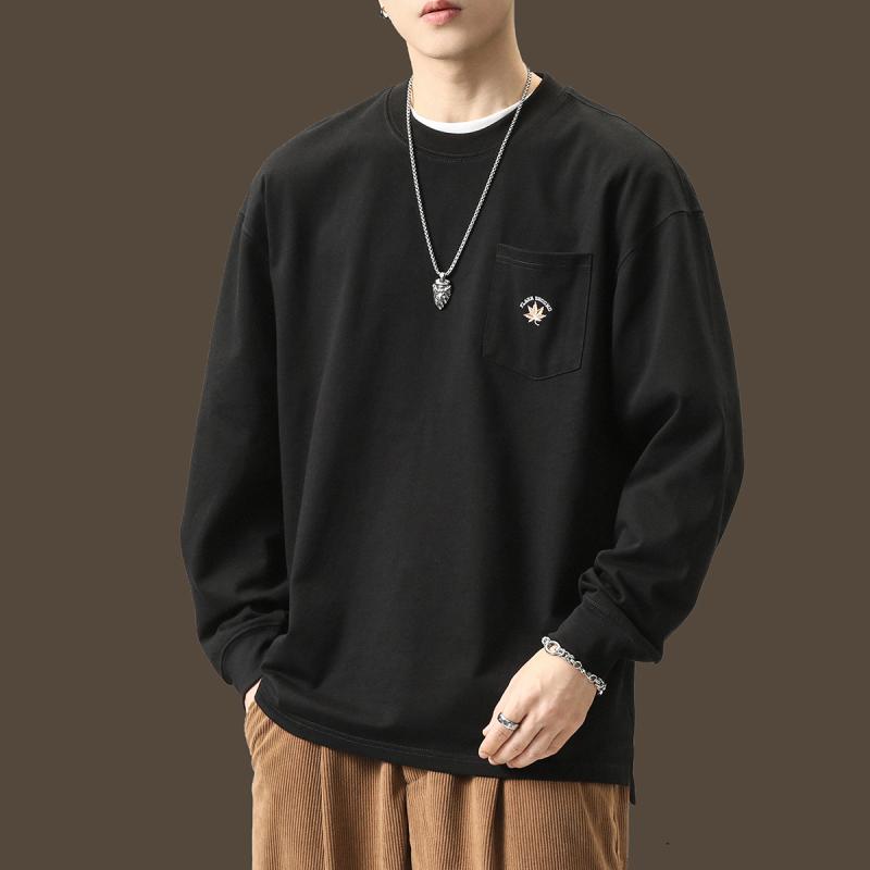 メンズ ファッション 服 オシャレ シンプル 大人 かっこいい 大きいサイズ ストリート 紳士服 ヘビー ヴィンテージ メープルリーフ ブラック 長袖 T シャツ 春秋 綿 トレーナー レイヤリング