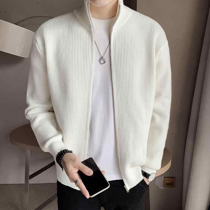 メンズ 服 シンプル ファッション オシャレ 大人 かっこいい 大きいサイズ ストリート 紳士服 白 スタンドカラー ニットカーディガン ジャケット トップス ハイネック ダブル ジッパー