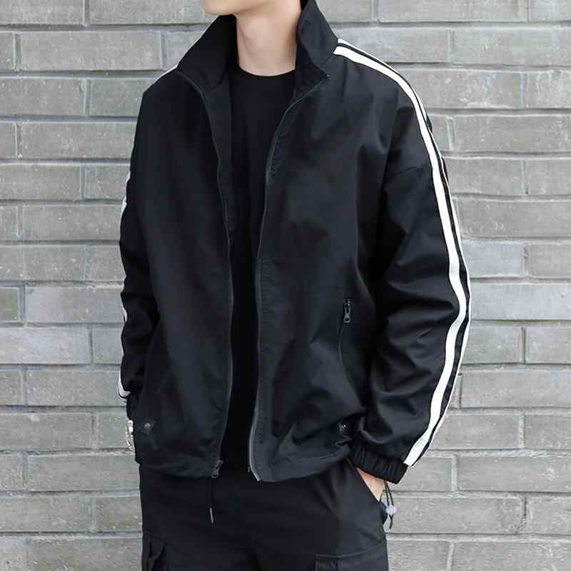 メンズ 服 シンプル ファッション オシャレ 大人 かっこいい 大きいサイズ ストリート 紳士服 ジャケット 春秋 スタンドカラー アメリカン ストライプ ウインドブレーカー 黒