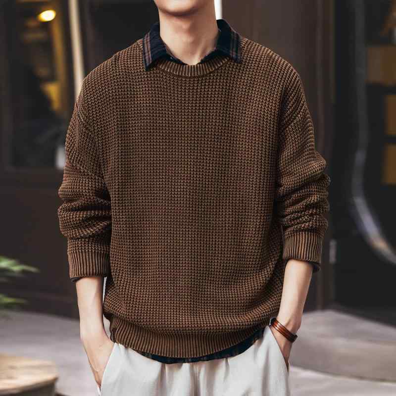 メンズ 服 シンプル ファッション オシャレ 大人 かっこいい 大きいサイズ ストリート 紳士服 アメリカン ヘビーウォッシュラウンドネック セーター 秋 厚手 ニット ワッフル トップス|リコット