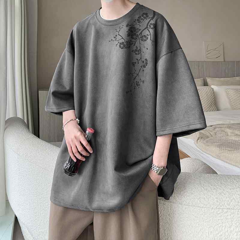 メンズ 服 シンプル ファッション オシャレ 大人 かっこいい 大きいサイズ ストリート 紳士服 夏 スエード 半袖 T シャツ 厚手 花 ゆったり ハイエンド 服