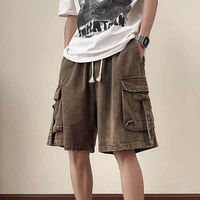 メンズ 服 シンプル ファッション オシャレ 大人 かっこいい 大きいサイズ ストリート 紳士服 ウォッシュ 加工 デニム パンツ 夏 アメリカン ワークウェア ミッド パンツ ストレート レッグ 五分丈