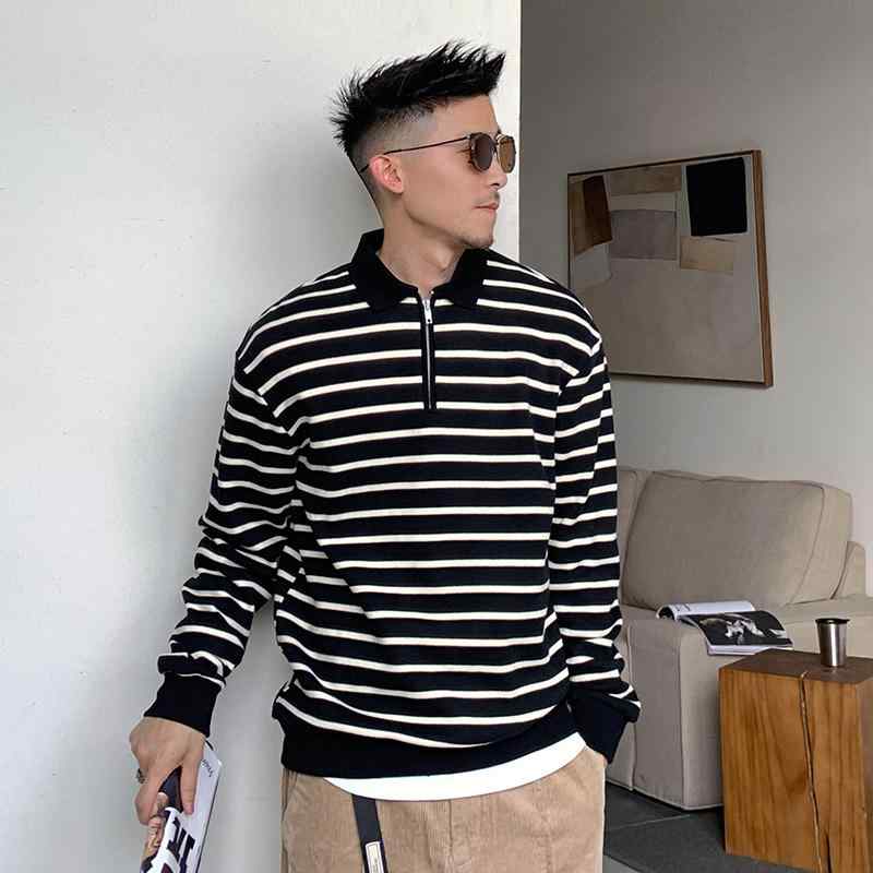 メンズ 服 シンプル ファッション オシャレ 大人 かっこいい 大きいサイズ ストリート 紳士服 カジュアル セーター ハーフ ジップポロシャツ プルオーバー ストライプ トップス ジャケット｜リコット