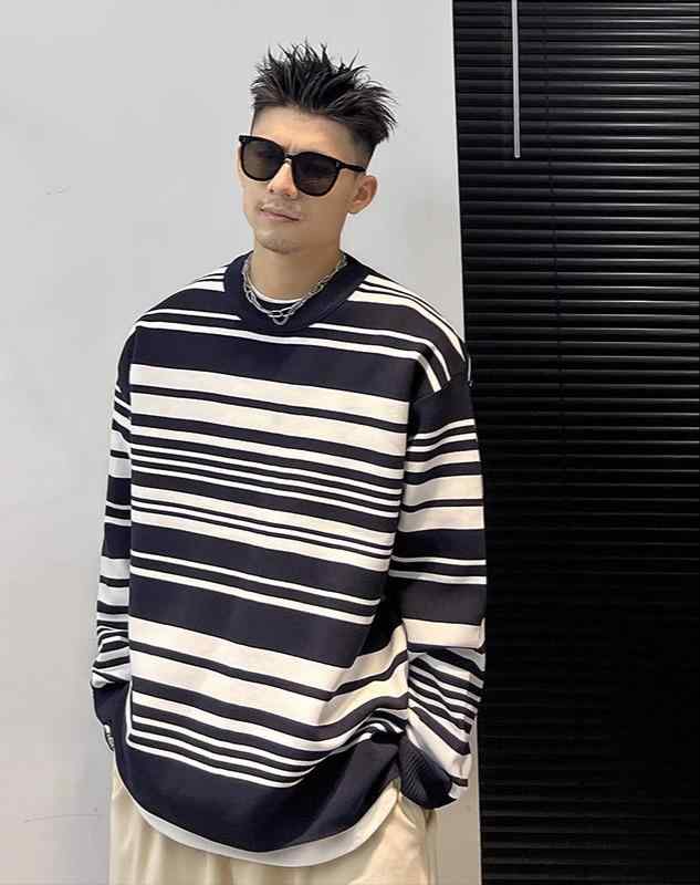 メンズ 服 シンプル ファッション オシャレ 大人 かっこいい 大きいサイズ ストリート 紳士服 ストライプ ジャカード ラウンドネック セーター ハイエンド シャツ トップス