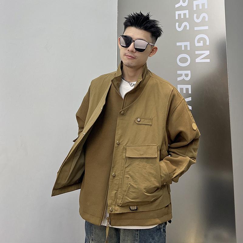 メンズ 服 シンプル ファッション オシャレ 大人 かっこいい 大きいサイズ ストリート 紳士服 フェイク ツーピース ジャケット 春 秋 アメリカン ワークウェア カジュアル トップス|リコット