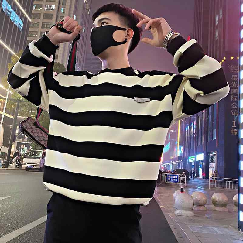 メンズ  服  分かりやすい 流行り物 オシャレ 成年者 かっこいい 気が大きい大きさ 表どおり 成人男性服 レトロ 調教師 黒 白 縞模様 T プルオーバー 長袖 トップス 春 春 秋 ティーシャツ 上衣