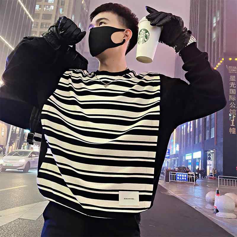 メンズ  服  分かりやすい 流行り物 オシャレ 成年者 かっこいい 途轍も無い大いさ 表どおり 成人男性服  ヘビースウェット プルオーバー 縞模様 ティーシャツ 上衣 その他-メンズファッション
