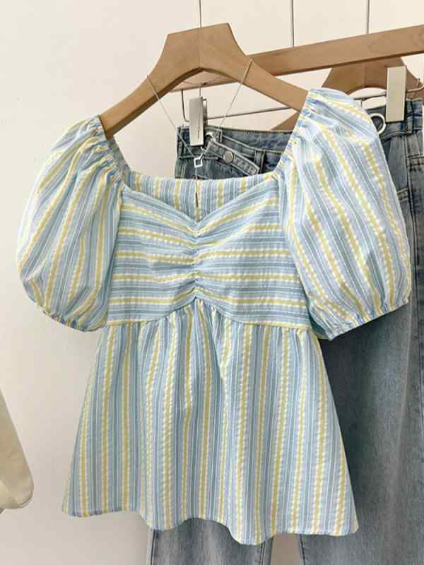 フレンチ フレッシュ パフスリーブ シャツ ストライプ カジュアル 半袖 シャツ