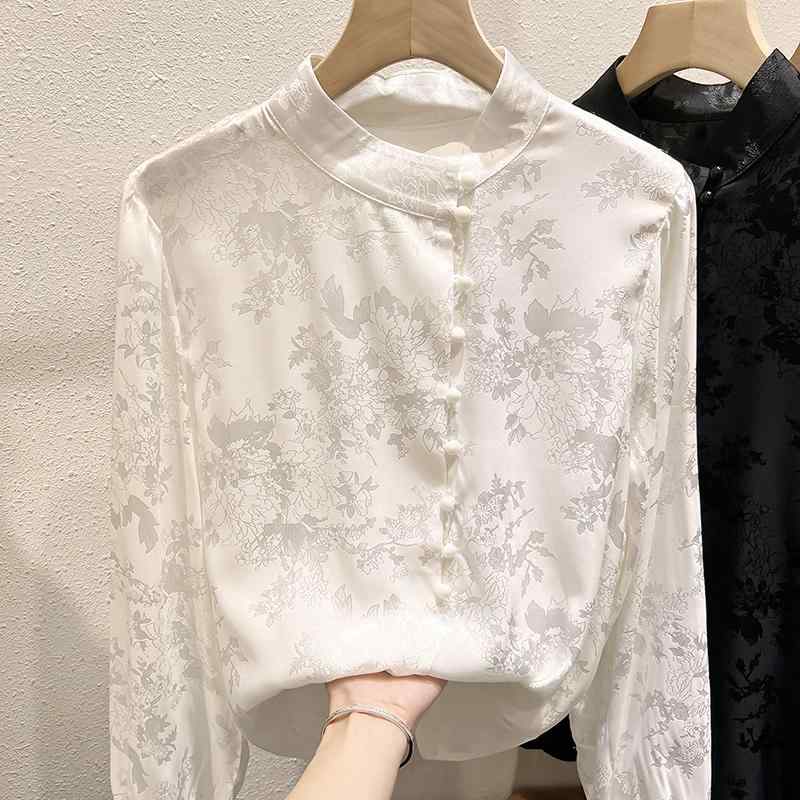 レディース ファッション 服 オシャレ カワイイ シンプル 大人カワイイ 大きいサイズ スタンドカラー プリント 長袖 シフォン シャツ トップス