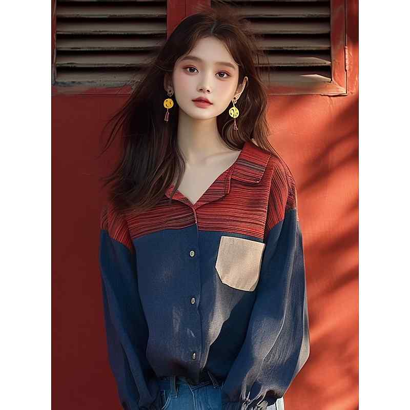 レディース ファッション 服 オシャレ カワイイ シンプル 大人カワイイ 大きいサイズ 秋 シャツ シック ハイエンド 韓国 スタイル ブルー Vネック
