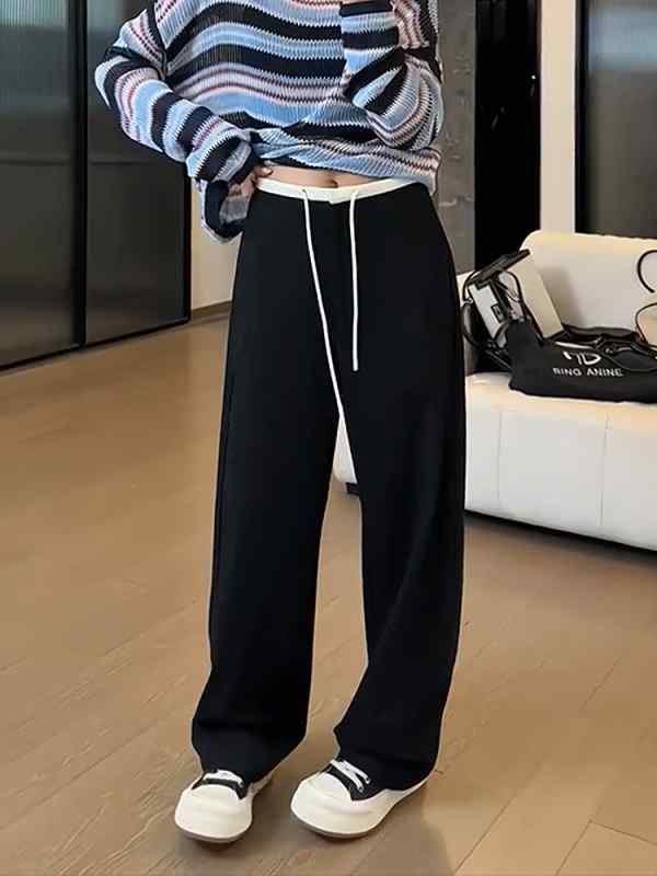 レディース ファッション 服 オシャレ カワイイ シンプル 大人カワイイ 大きいサイズ 秋 ハイウエスト カラー ストラップ ストレート カジュアル パンツ スリム｜リコット