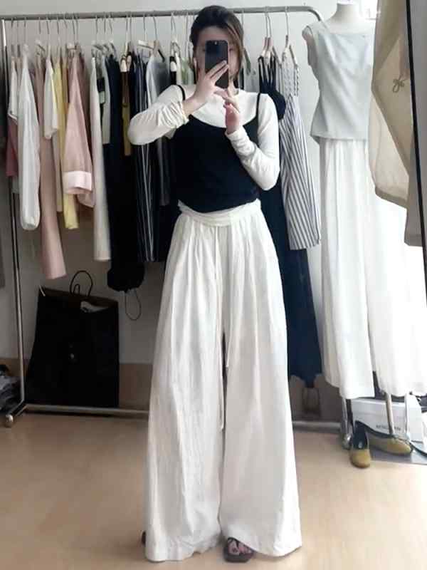 レディース ファッション 服 オシャレ カワイイ シンプル 大人カワイイ 大きいサイズ ホワイト ハイウエスト パンツ 秋 ゆったり ワイド 快適