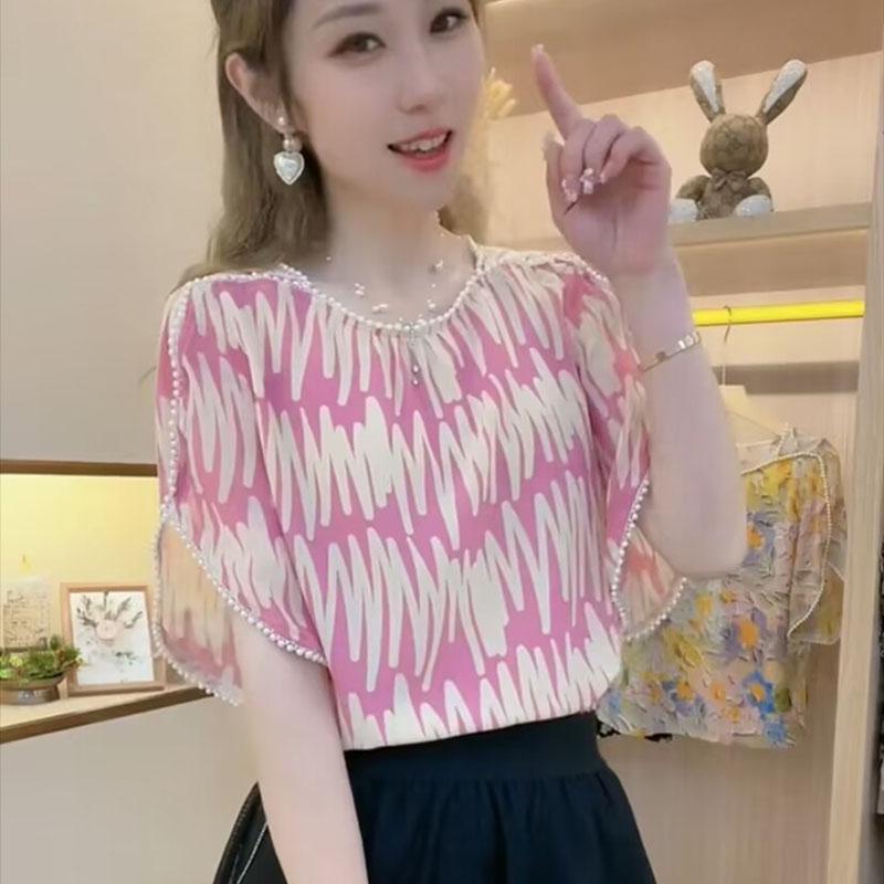 春 コーデ レディース ファッション オシャレ カワイイ シンプル きれいめ ナチュラル 上品カジュアル 婦人服 ハイエンド ビーズ フライング スリーブ シャツ 夏 スリム トップス