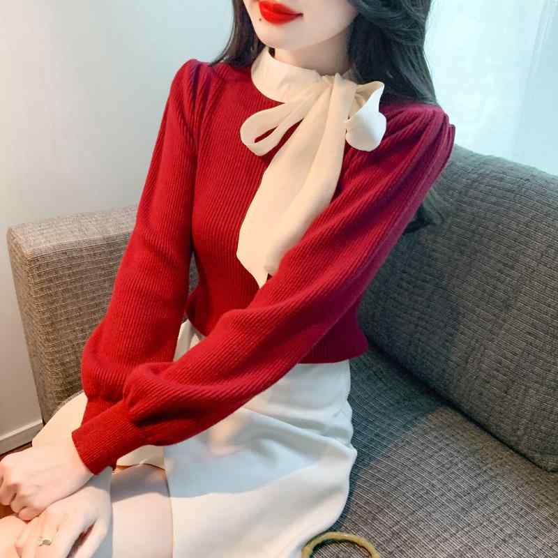 春 コーデ レディース ファッション オシャレ カワイイ シンプル きれいめ ナチュラル 上品カジュアル 婦人服 ハイエンド リボン 長袖 セーター レイヤリング シャツ ハーフ ハイネック パフスリーブ トップス