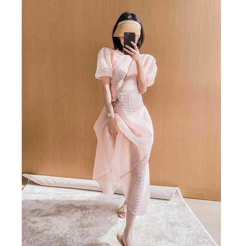 レディース ファッション 服 オシャレ カワイイ シンプル 大人カワイイ 大きいサイズ フレッシュ ピンク パフスリーブ フェアリー ドレス 秋 ウエスト プリンセス フレンチ ロング|リコット