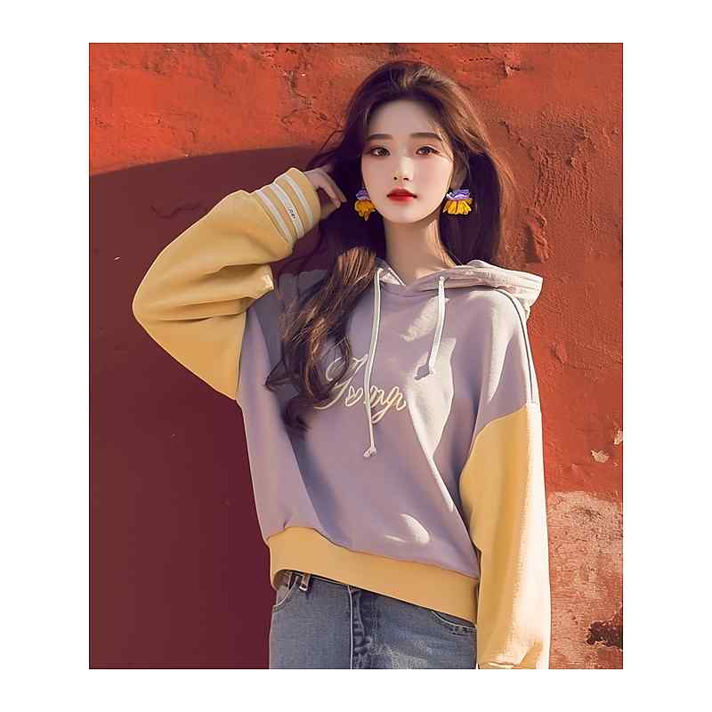 レディース ファッション 服 オシャレ カワイイ シンプル 大人カワイイ 大きいサイズ 秋 トップス 韓国 スタイル ルース パープル プリント フード付き スウェット シャツ｜リコット