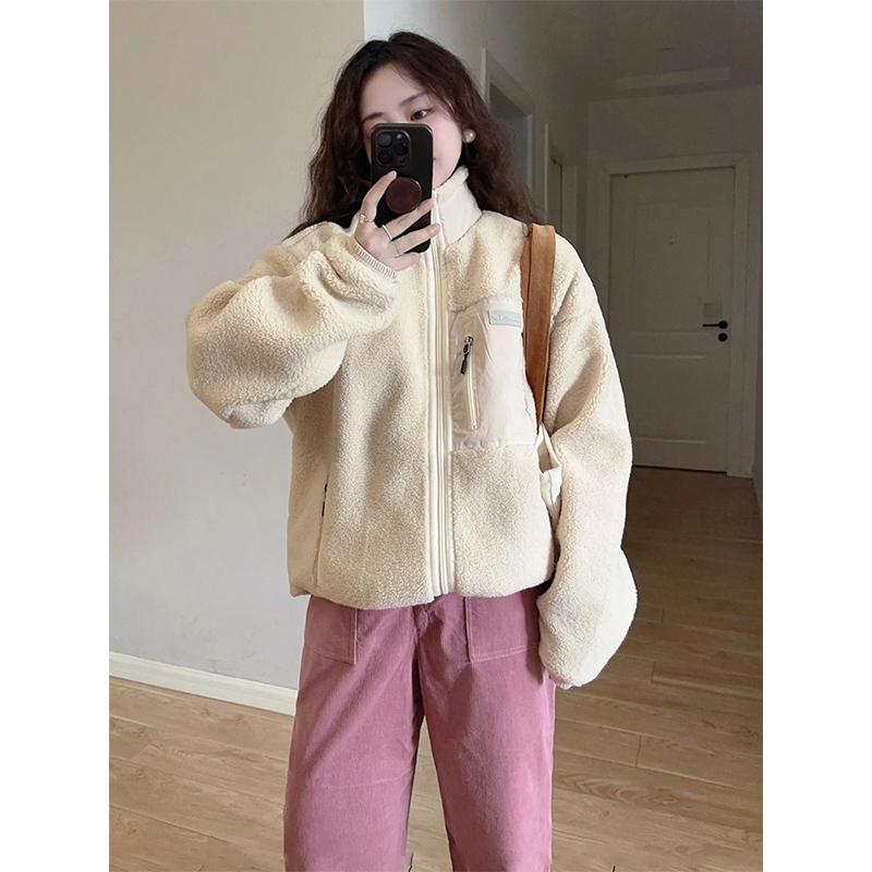レディース 流行り物 服 オシャレ カワイイ  分かりやすい 成年者カワイイ 馬鹿でかい大きさ   ハイエンド 韓国 表現スタイル 杏 黄色 照明ランプ色つや ラムウール 上衣